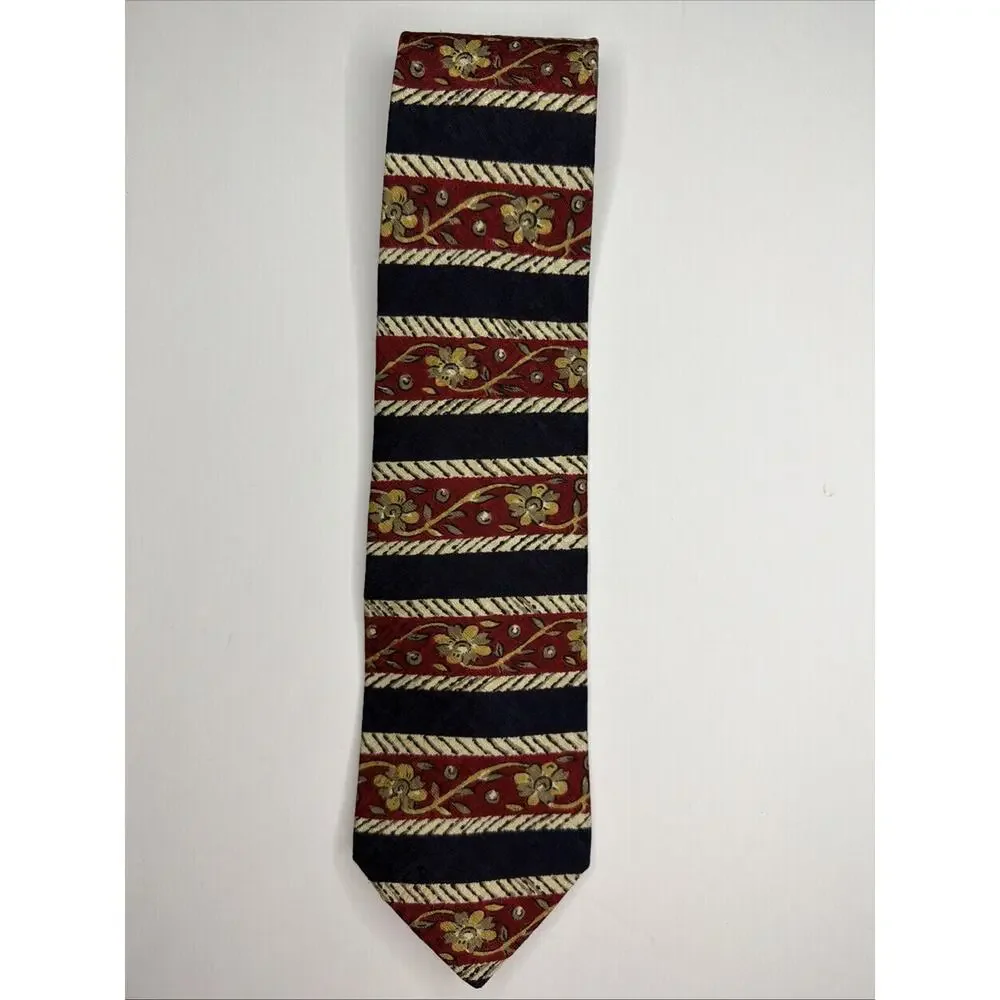 Geoffrey Beene Men's Tie 100% Silk Red Gold Blue Floral Striped Necktie USA